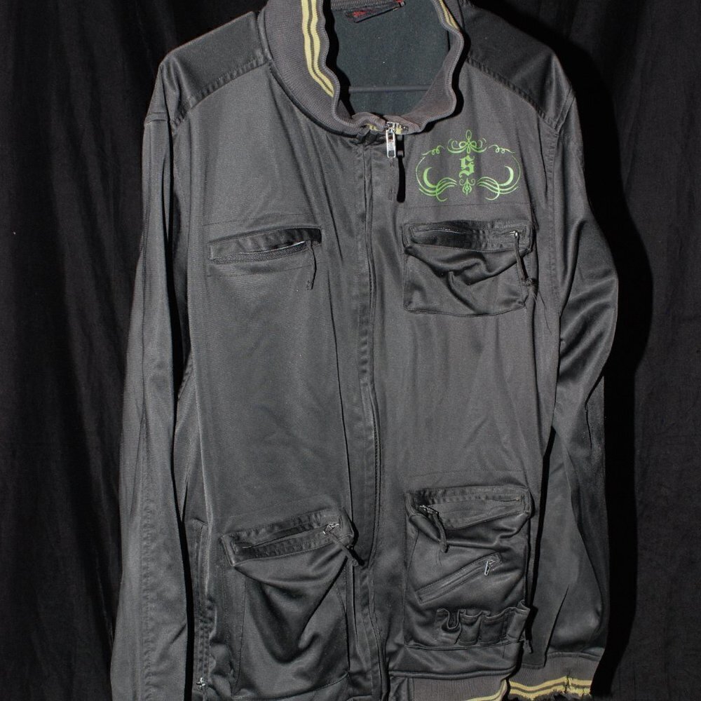 Stimuli XXL VINTAGE Black Jacket Mens Green stripes 6 pockets Punk Goth Rocker